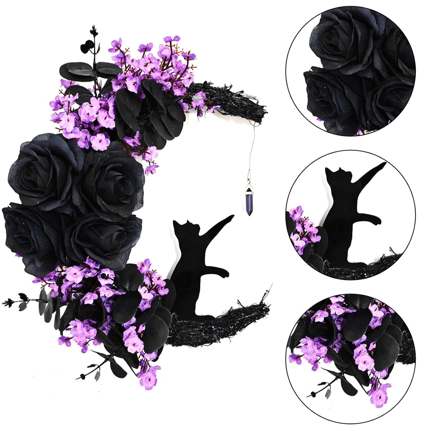Halloween Wreaths for Front Door with Light, Black Cat Crescent Moon Wreath, Cute Cat Garland Halloween Door Decorations for Outdoor Indoor Decor Wall Window Home Party