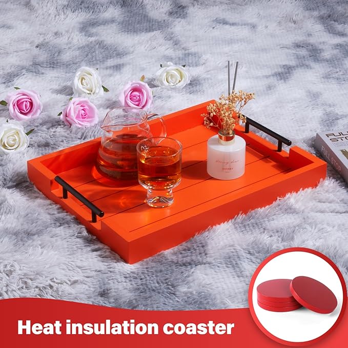 Ottoman With Handle for Living Room - Set of 4 Natural Wooden Coasters - Rustic Serving Tray for Coffee Table - Kitchen Decorative Tray With Handles (Orange)