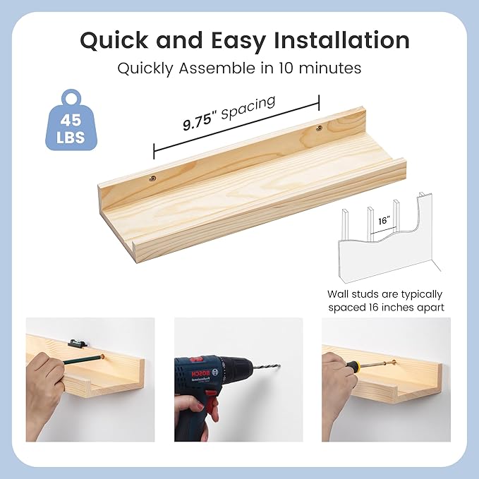 Picture Ledge Shelf for Wall, 16 inches Solid Pine Wood Nursery Book Shelves 3 Packs, Floating Ledge Shelves for Kids' Room Bedroom Bathroom Living Room Photo Frames Office Nursey Wall Decor, Natural