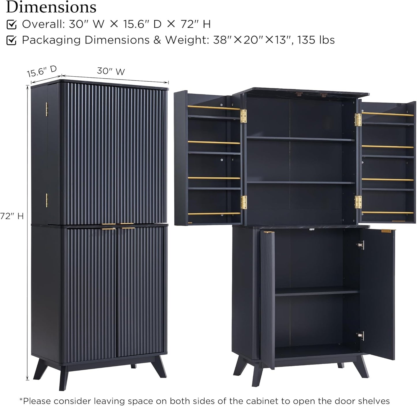 OKD Fluted Kitchen Pantry, 72" Tall Mid Century Modern Storage Cabinet with Adjustable Shelves & Door Organizer, Wood Cabinet for Kitchen, Living Room, Dark Grey