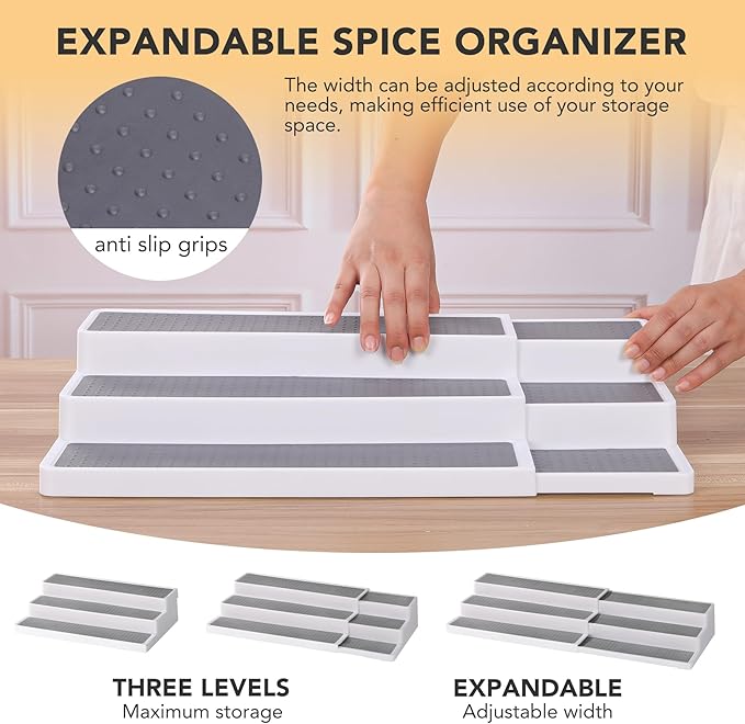 3 Tier Expandable Spice Rack Organizer, White/Grey Plastic Spice Rack, Adjustable Length 14.6In-25.8In, 2 Pack Non-Skid Tiered Spice Shelf Organizer for Kitchen Cabinet, Cupboard, Pantry