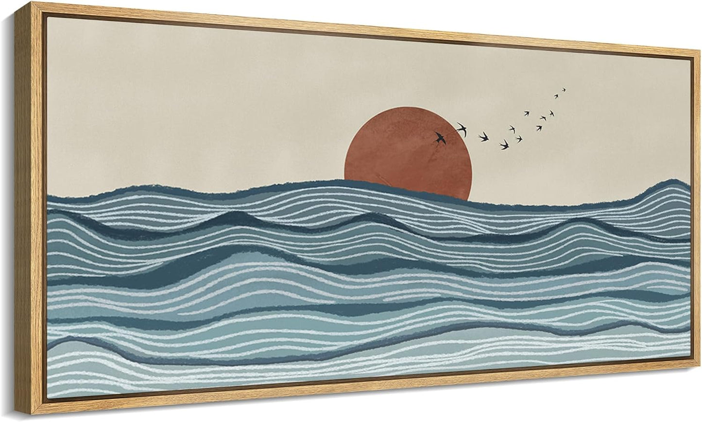 MUDECOR Extra Large Framed Canvas Print Wall Art Calm Seascape Ocean Waves and Setting Sun Illustrations Antique Retro Fine Art Illustrations Decorative Colorful for Bedroom - 60"x30"