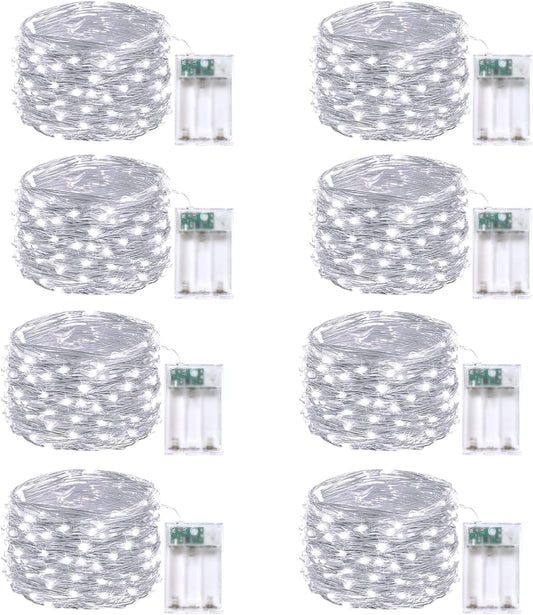 8-Pack Fairy Lights Battery Operated with Remote & Timer & 8 Modes, Waterproof 16 FT 50 LED String Lights Outdoor Indoor, Battery Twinkle Lights for Christmas Bedroom Centerpiece Décor (Cool White)