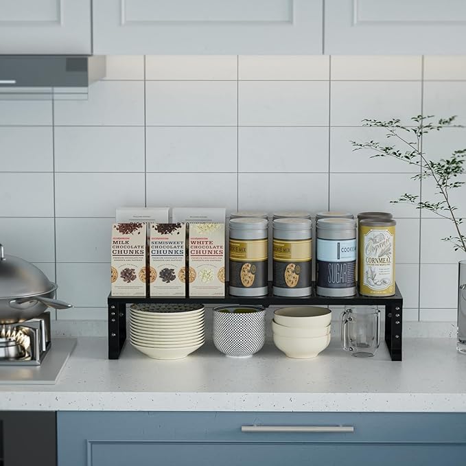 Expandable Spice Rack Kitchen Cabinet Shelf Organizer, Stackable Storage Shelves Racks, Adjustable Counter Shelving for Cabinets, Countertop, Cupboard,Pantry and More(3Packs/Black/Medium)