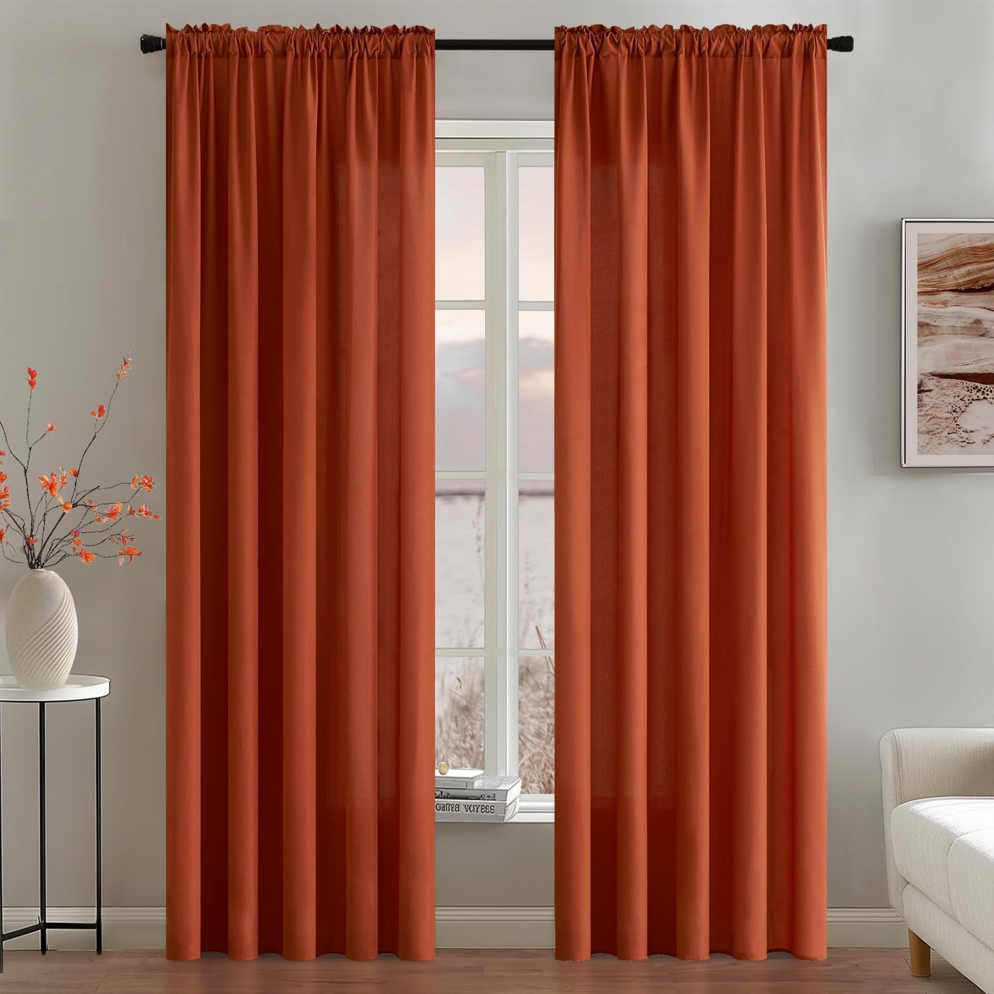 MIULEE Burnt Orange Privacy Sheer Curtains That Let Light in 72 Inches Long Non-See-Through Semi Sheer Curtain Light Filtering Window Curtains Drapes for Living Room Bedroom 2 Panels Set 42 X 72