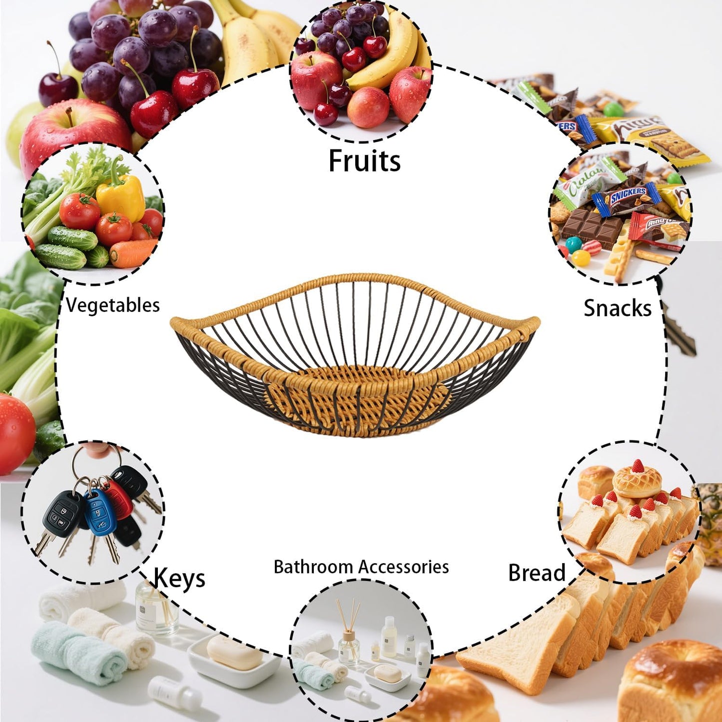 Vine Woven Iron Fruit Bowl, Metal Wire Fruit Basket, Vegetable Drain Basket, Storage Baskets for kitchen counter, countertop,Snacks, Candy, Bread,Cosmetics,Table decorative(13.8 x 4 Inches)