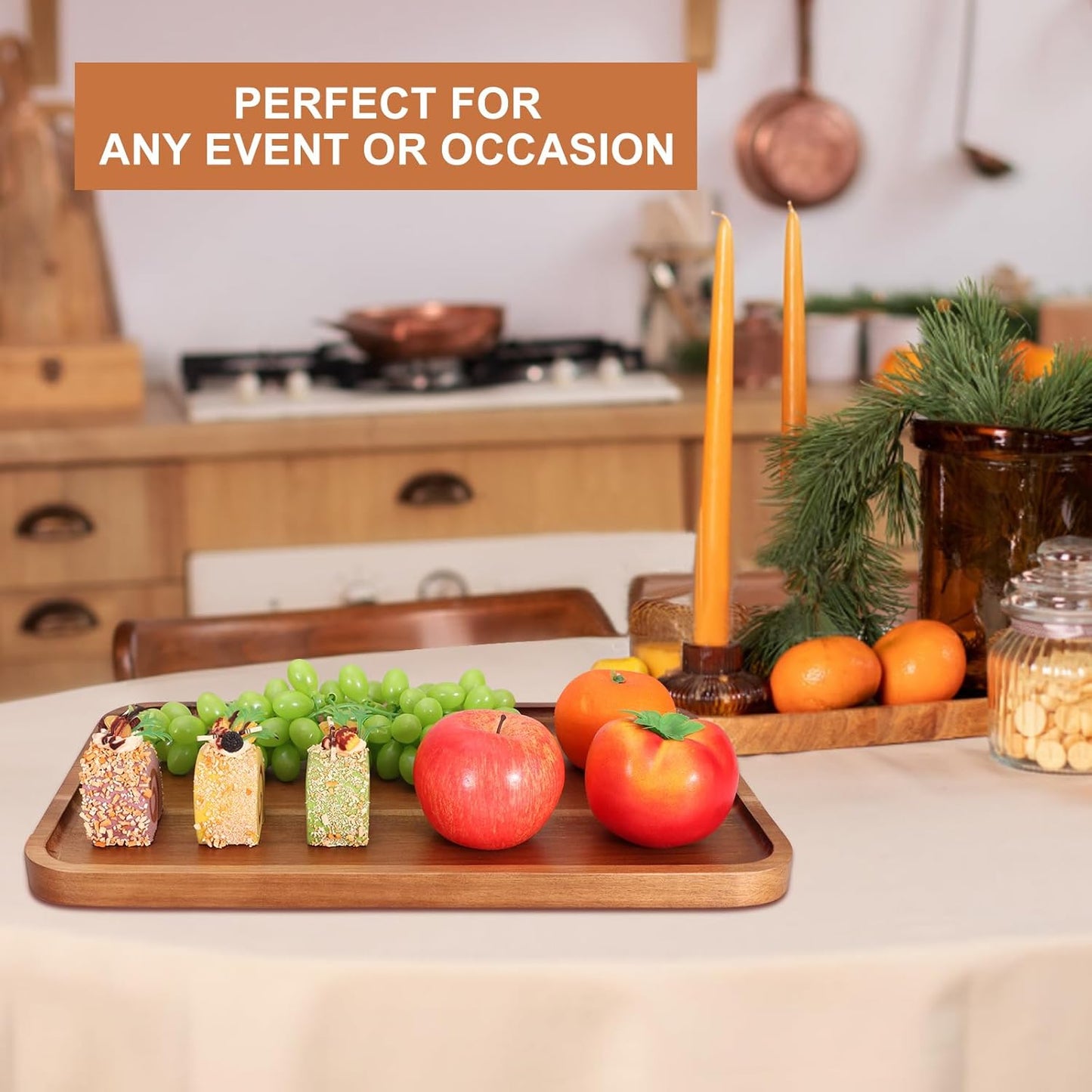 Large Wooden Serving Trays Long Party Charcuterie Boards Acacia Wood Platters Serving Cheese Board Rectangular Appetizer Snack Plates Rectangle Kitchen Dinner Platter for Food Dish Cake Dessert Tray