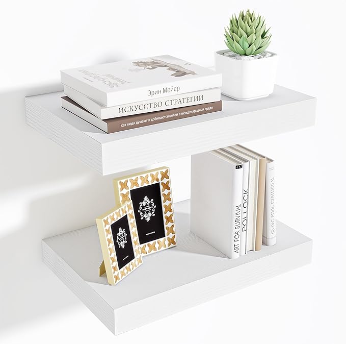 Fun Memories Wood Floating Shelves 16 Inch, 10 Inch Deep Shelves Wall Mount, Wall Shelves with Invisible Bracket, 16" Floating Shelves for Living Room Bathroom Bedroom, White, Set of 2