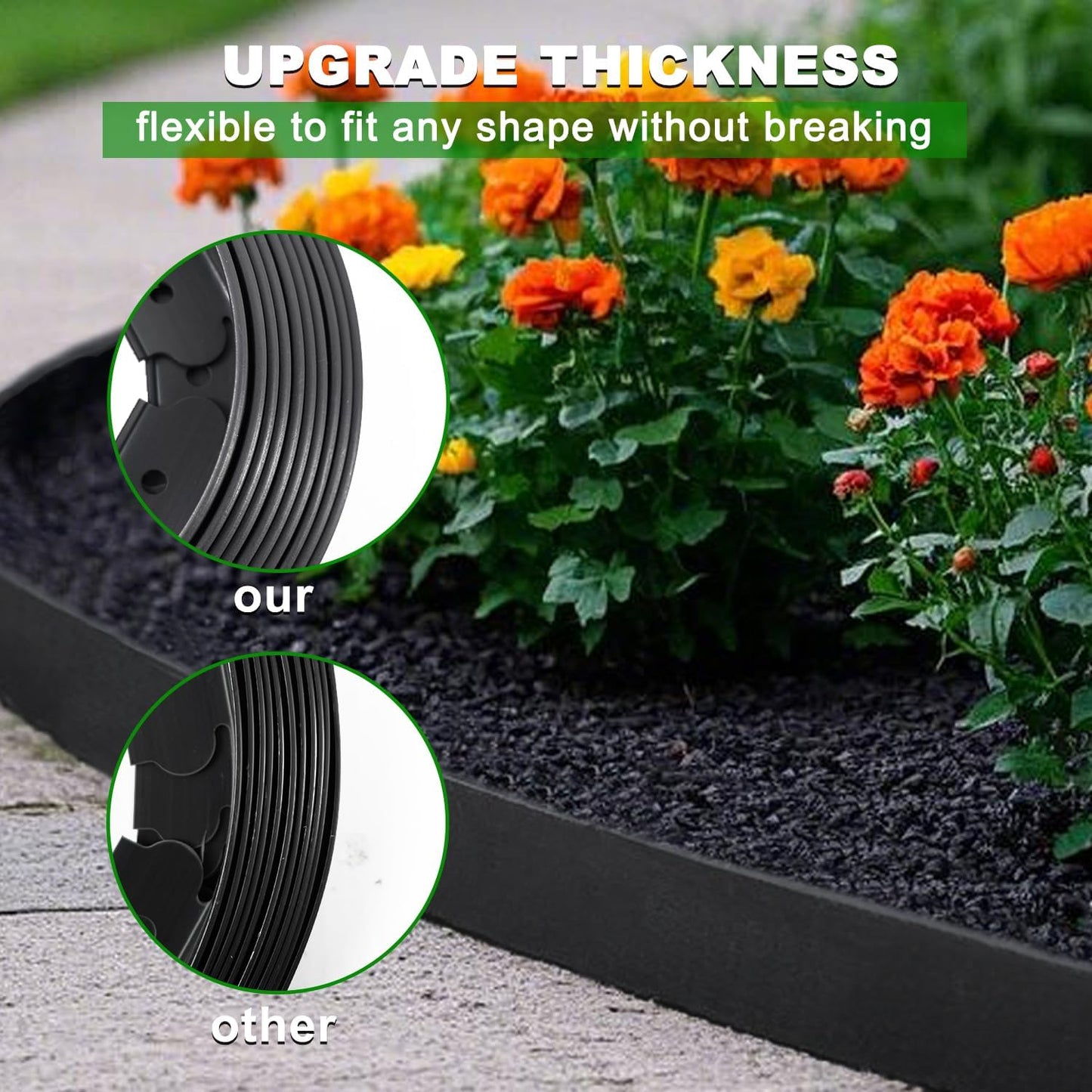 Hugeleaf Landscape Edging 2 Inch Tall, 30 Feet Garden Edging Border with 30pcs Stakes, Plastic Edging for Landscaping,Lawn,Flower Beds, Paver Edging (Black)