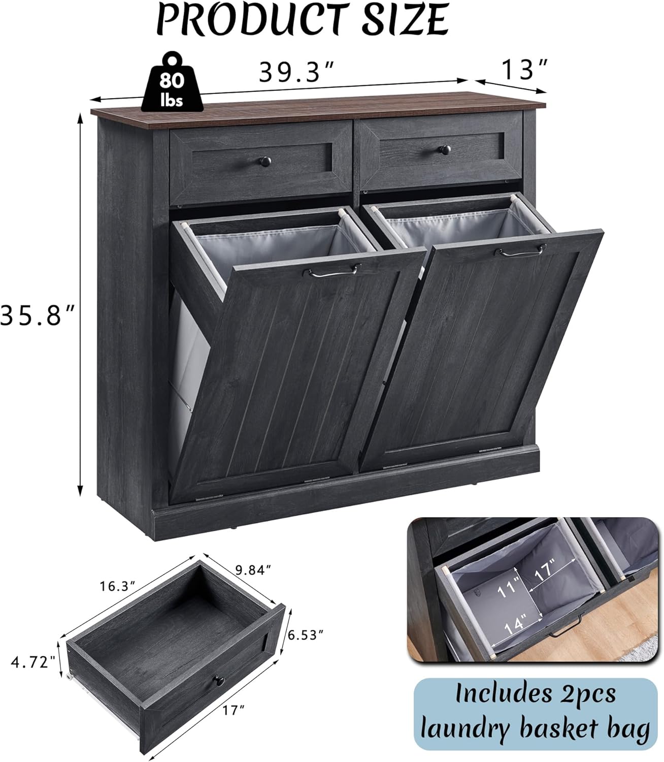 Double Tilt Out Laundry Hamper Cabinet, 20 Gallon Farmhouse Trash Can Cabinet with Drawer, Hidden Wood Garbage Can Bin Cabinet with Laundry Storage Basket for Bathroom, Kitchen, Dark Grey