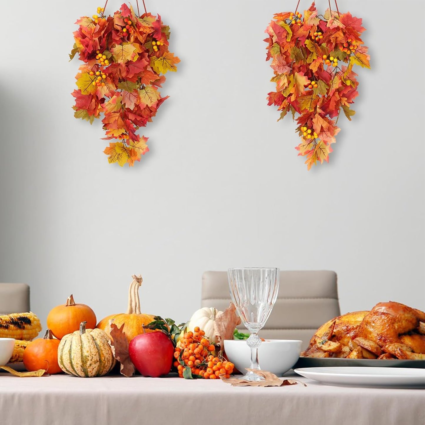 RECUTMS Fall Leaves Hanging Plant Artificial Fall Leaves Garland with Berry Fake Autumn Wall Hanging Leaf Vines for Home Halloween Party Door Frame Fireplace Decoration(Orange with Berry)
