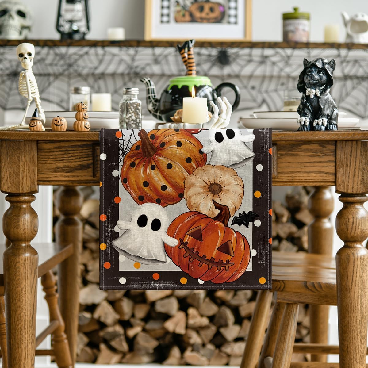 Artoid Mode Jack-O'-Lantern Pumpkin Ghost Spider Web Halloween Table Runner,Holiday Kitchen Dining Table Decoration for Home Party Decor 13 x 60 Inch