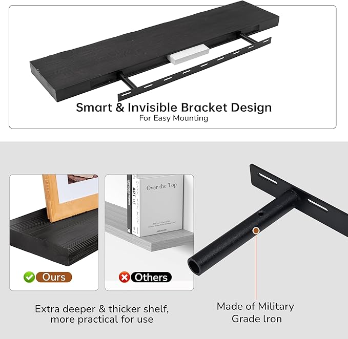 Floating Shelves for Wall, USA-Sourced Fir Wood 36 Inch Wall Shelves Set of 2, Natural Rustic Solid Wooden Floating Shelves Wall Mounted, Nursery Book Storage Shelf, Display Shelf for Bathroom