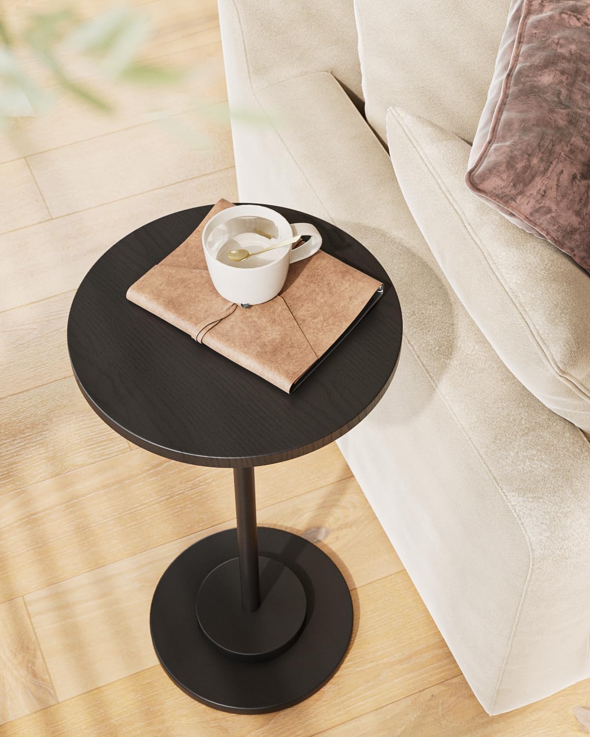 Masupu Drink Table, Round Side Table for Small Spaces, Pedestal Side Table, Small End Table with Metal Base, for Living Room, Bedroom, Bathroom, Black