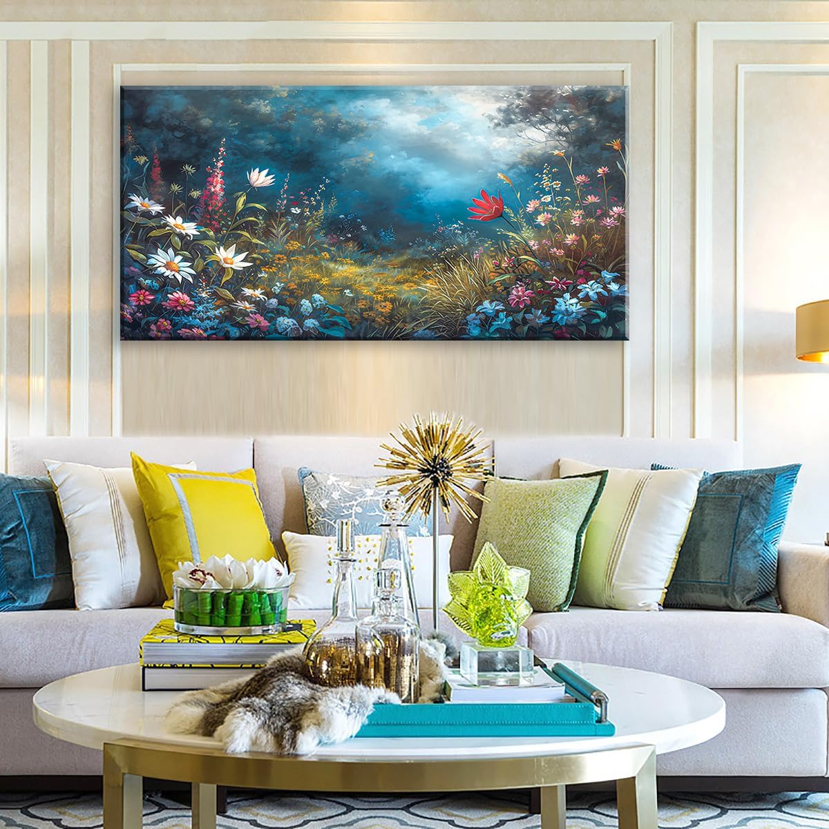 LASMOND Beautiful Colorful Grassland in Forest Landscape Wall Art Decor Artwork for Bedroom (24x48 Inches)