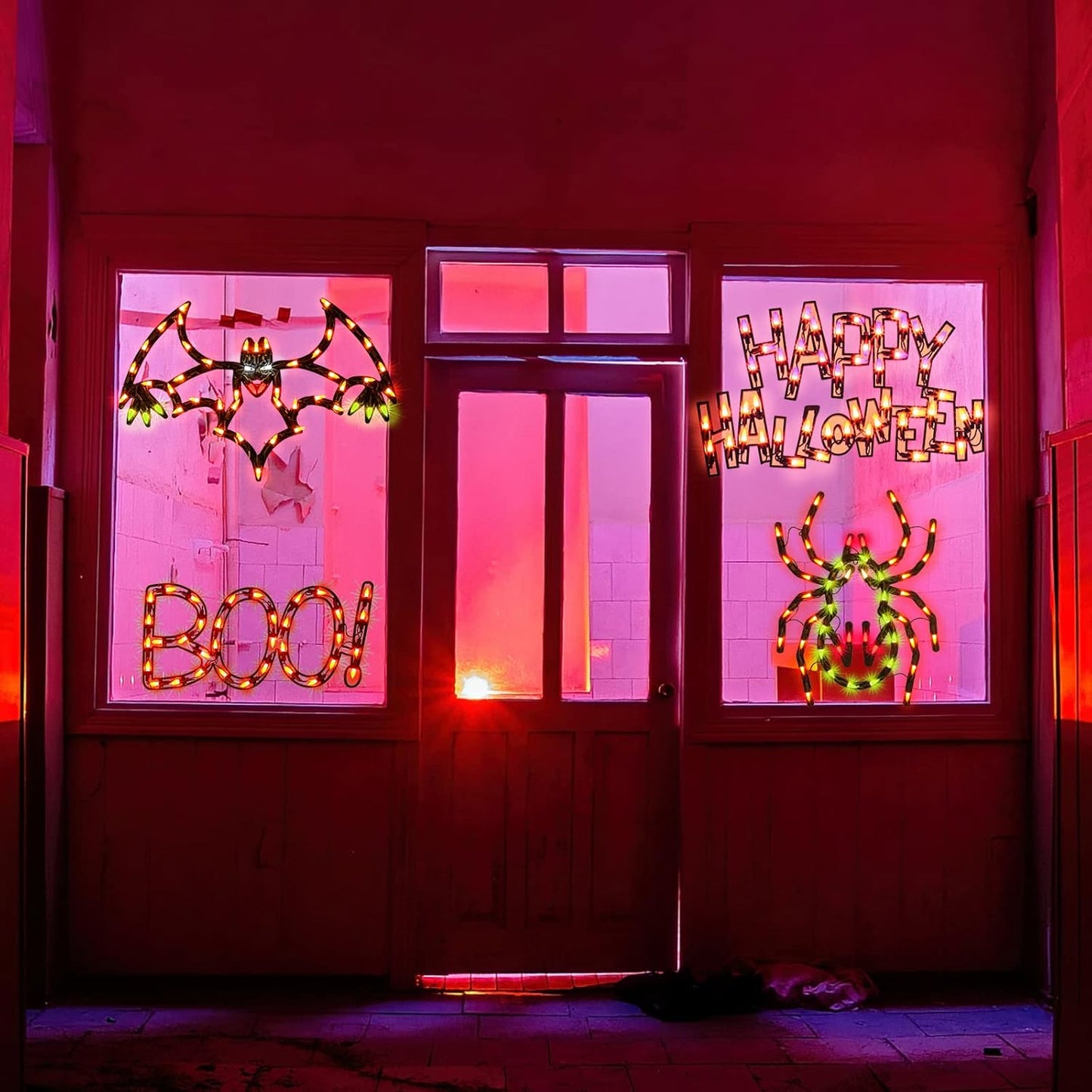 4-Pack Lighted Halloween Window Silhouette Decoration,Hanging Light Up Holiday Ornament( Cobweb,Jack-O-Lantern,Cat,Skull)