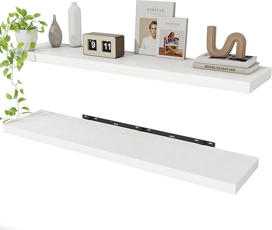 White Floating Shelves Wall Shelf 48 Inch, 8 Inch Deep Floating Shelf for Wall, Farmhouse Black Wood Shelves Invisible Bracket for Living Room, Bedroom, Kitchen, 48 x 9.3 x 1.4 Inch, Set of 2
