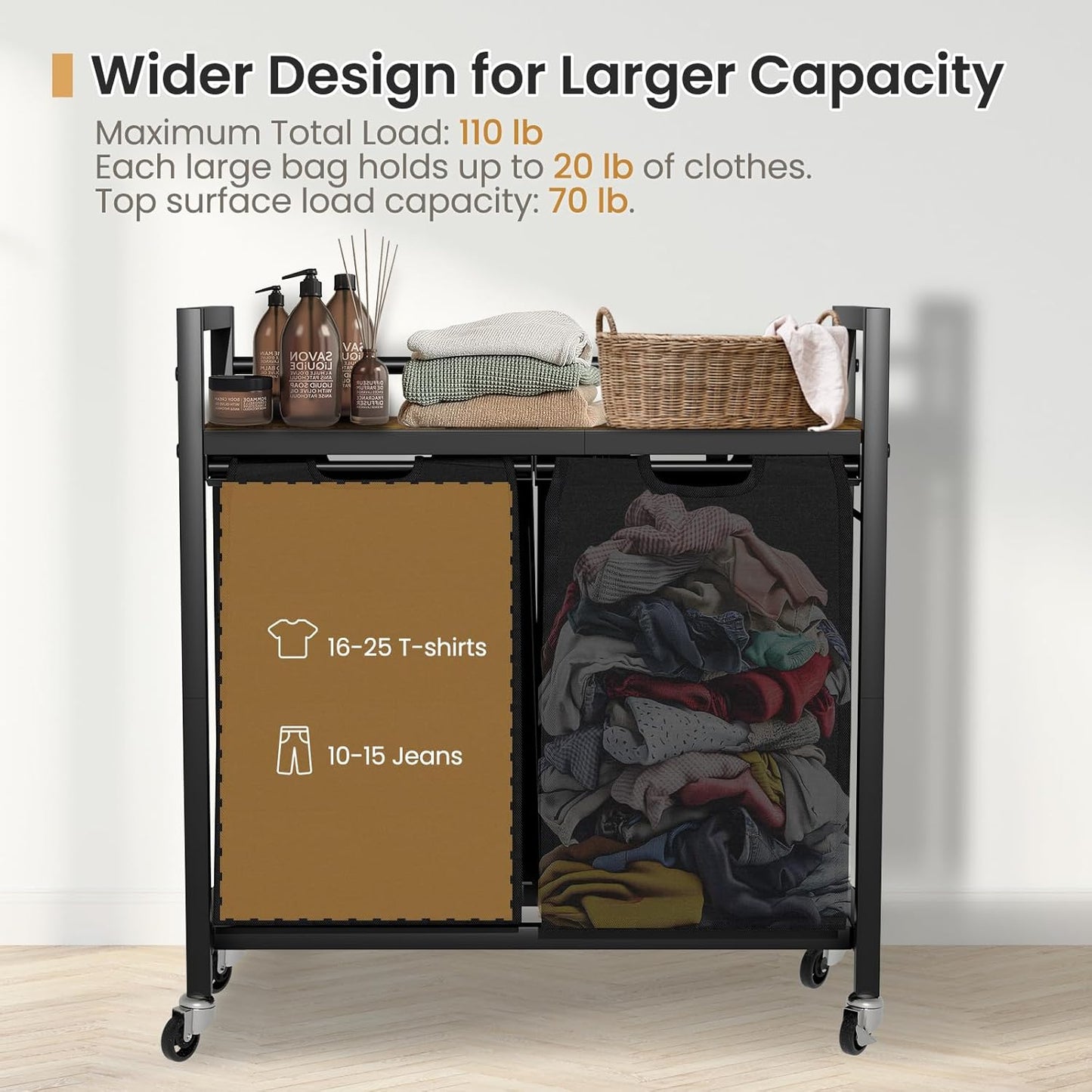 Laundry Hamper, Laundry Basket, Laundry Sorter with 2 Removable Bags, Clothes Basket with 2 Compartments, Wheels, Shelf for Laundry Room Bathroom Bedroom (2 Bags-Black)