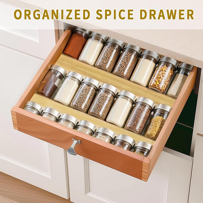 Bamboo Spice Rack For Drawer,4Pcs Tier Stackable Seasoning Storage Organizer Insert,for Kitchen Condiments Storage Insert(Jars Not Included,Combined Size:18.9" D x 9.5" W x 1.8" H）