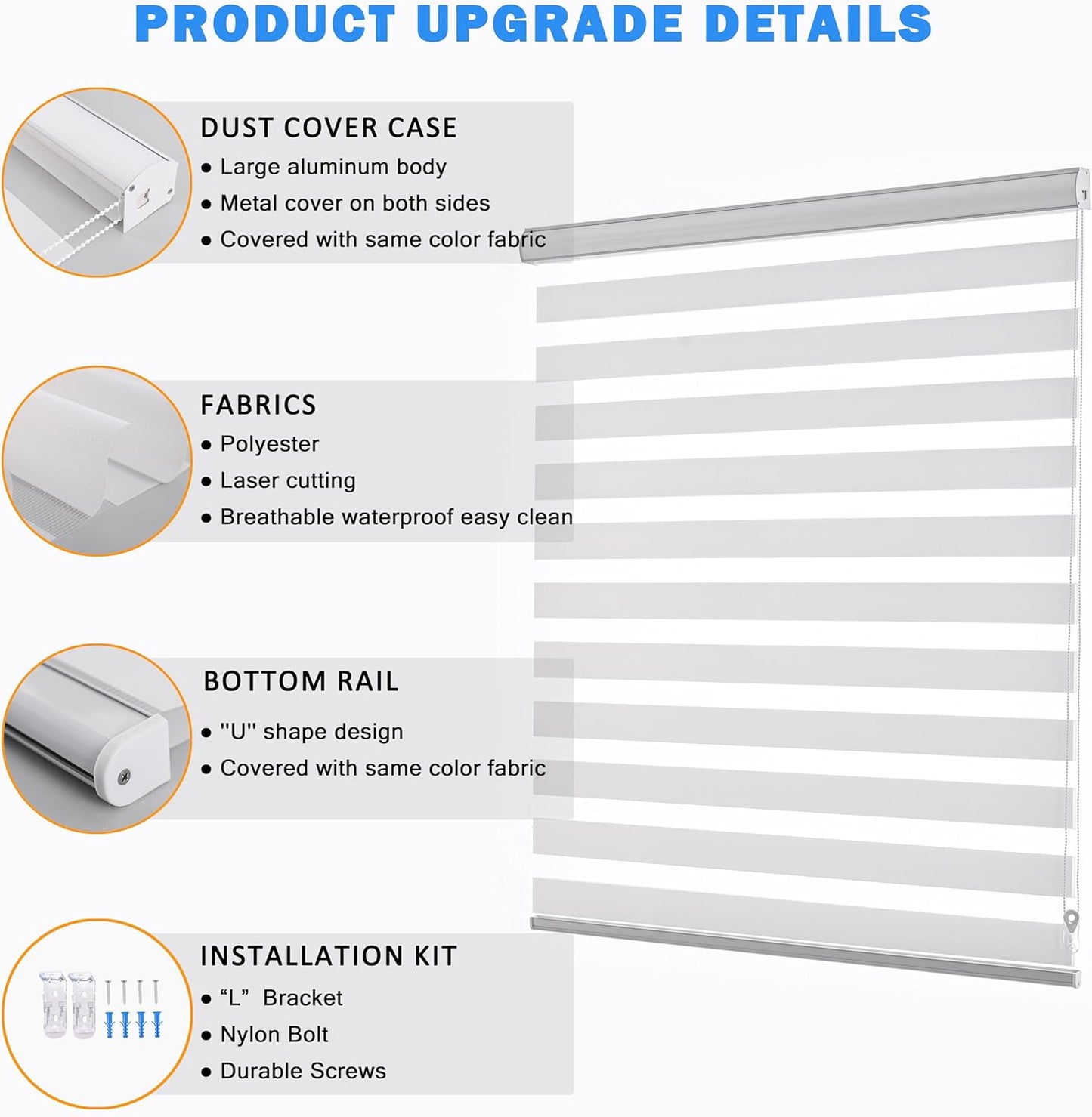 Zebra Blinds for Windows Dual Layer Light Filtering Privacy Free-Stop Sheer Shades Light Control for Indoor Windows Zebra Shades for Living Room(63" W X 72" H, White)