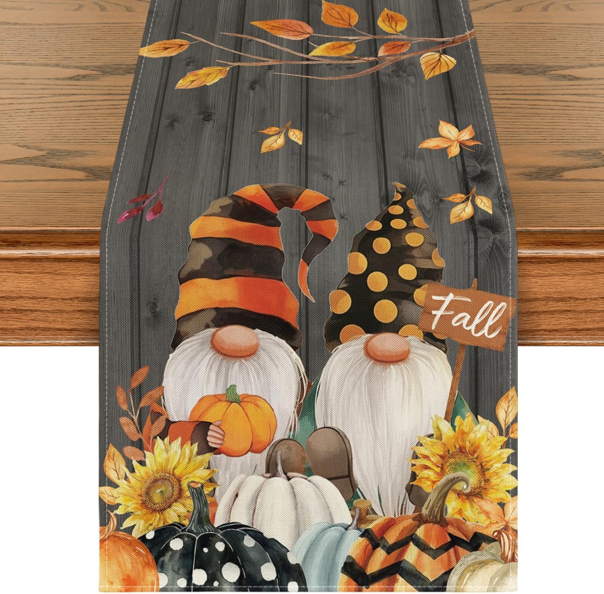 Artoid Mode Gnomes Pumpkins Sunflower Leaves Fall Table Runner, Seasonal Autumn Kitchen Dining Table Decoration for Home Party Decor 13x60 Inch