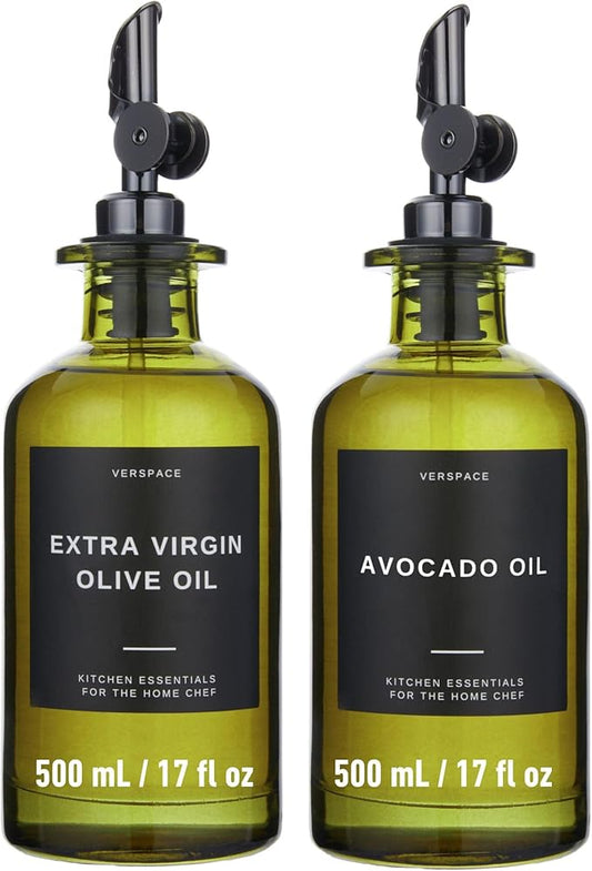 Green Glass Olive Oil Dispenser Bottle For Kitchen By Verpsace,Avocado Oil Dispenser Set, Modern Decor, Gold Kitchen Accessories for Home, Airbnb, Cafe (Black, Set of 2)