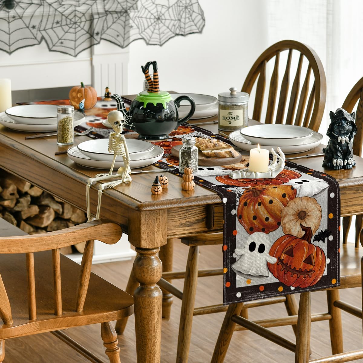 Artoid Mode Jack-O'-Lantern Pumpkin Ghost Spider Web Halloween Table Runner,Holiday Kitchen Dining Table Decoration for Home Party Decor 13 x 120 Inch