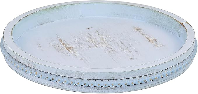 Round Wood Serving Tray with Beads, Blue Washed Wooden Decorative Tray for Entertaining, Decoration, and Gifting