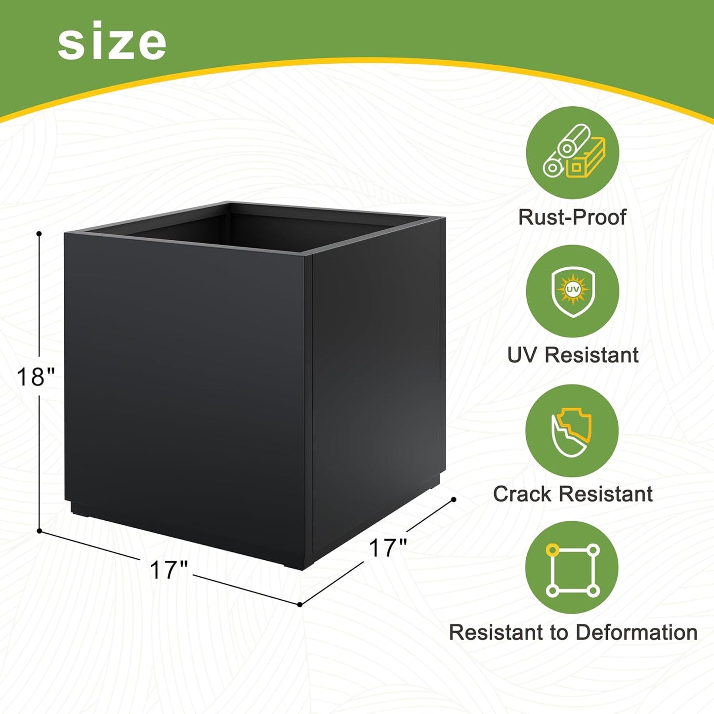 FENCY Large Square Planter 17" L x 17" W x 18" H, Planters for Outdoor Plants, Large Outdoor Planters for Porch Patio, Black Square Planter with Drainage Hole, All-Weather Use Cube Planter