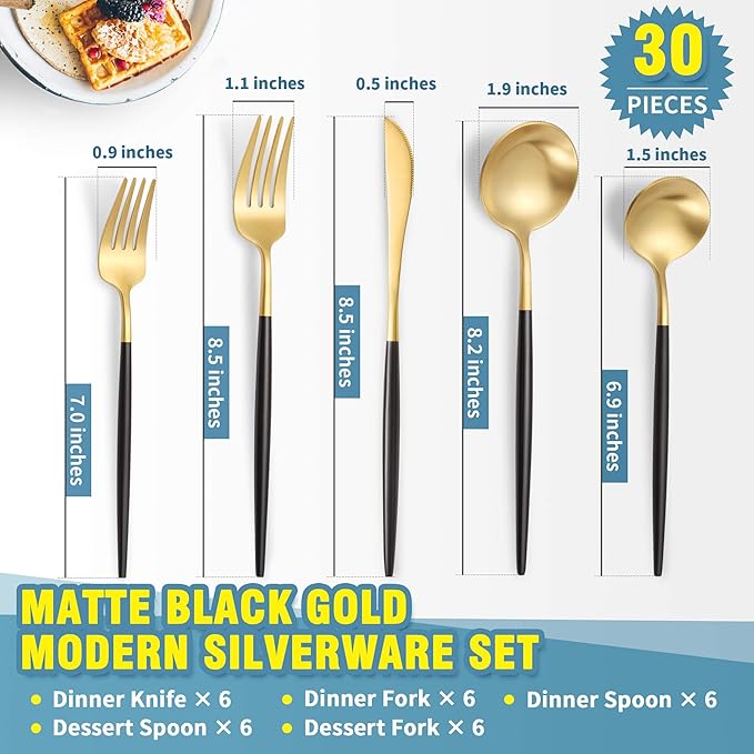Matte Black Gold Silverware Set for 6,Modern Stainless Steel Brushed Cutlery Set,30-Pieces Heavy Duty Flatware Set,Knives Spoons and Forks Set Utensils Set, Satin Finish, Dishwasher Safe