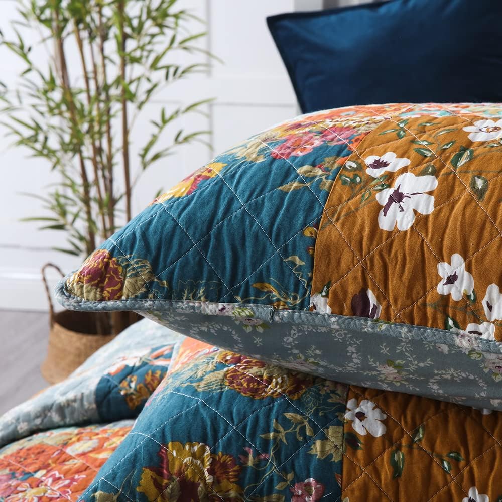 Autumn Dream Cotton Bedspread Quilt Sets Reversible Bedding Coverlet Sets Comforter, Paisley Floral Patchwork Yellow Grey Bedspread, Queen Size