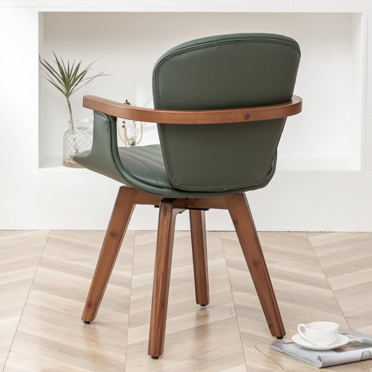 LUNLING Swivel Dining Room Chairs Set of 2, Mid Century Modern Green Faux Leather Kitchen Chairs with Arms,Bamboo Legs Side Chairs No Wheels,Accent Chair for Dining Rooms and Offices