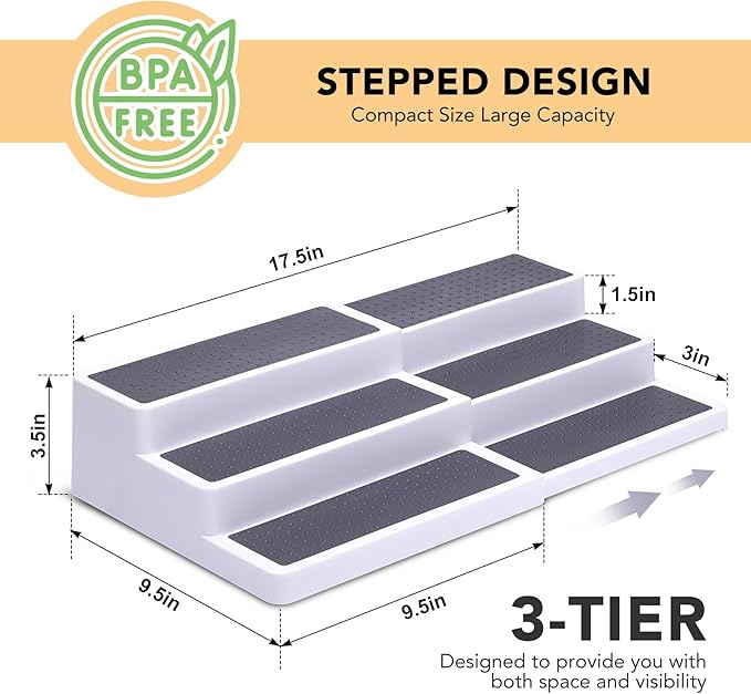 3-Tier Expandable Spice Rack, Plastic Spice Rack Organizer for Cabinet, Adjustable Length, Non-Skid Spice Shelf Organizer for Kitchen Cabinet, Countertop or Pantry, 2 Pack, White/Grey