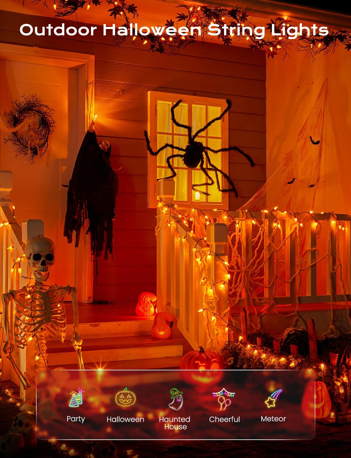 Brightown Solar Operated C6 Halloween Outdoor Lights, 22.64ft 50 LEDs Orange Halloween Lights, Strawberry LED Fairy Lights, Solar Waterproof String Light for Tree, Garden Decor Outdoor Decorations