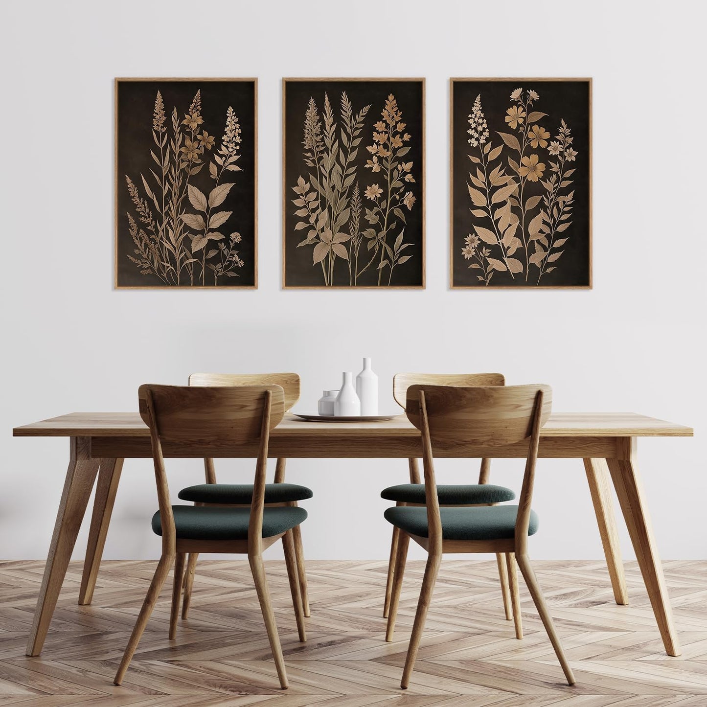 HLNIUC Vintage Botanical Fern Framed Canvas Wall Art Set,Black and Tan Plant Leaf Wall Decor,Netural Minimalist Herb Floral Art Print,Modern Farmhouse Wall Painting for Living Room,Bedroom - 16”x24”x3