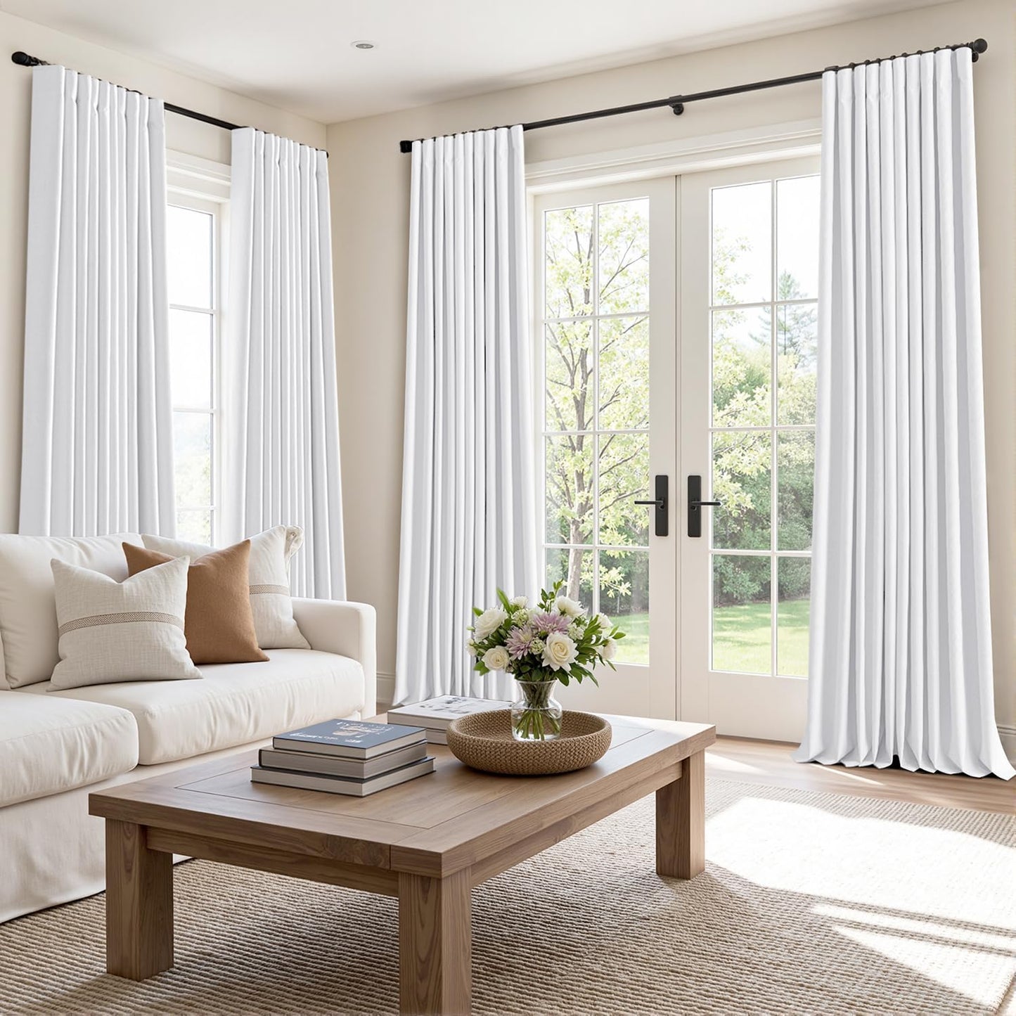 MIULEE 100% Blackout Curtains 84 Inch Long 2 Panels Set for Bedroom, Thick Faux Linen Black Out Curtain Room Darkening Back Tab Pleat Window Textured Drapes with Hooks for Living Room, Bright White