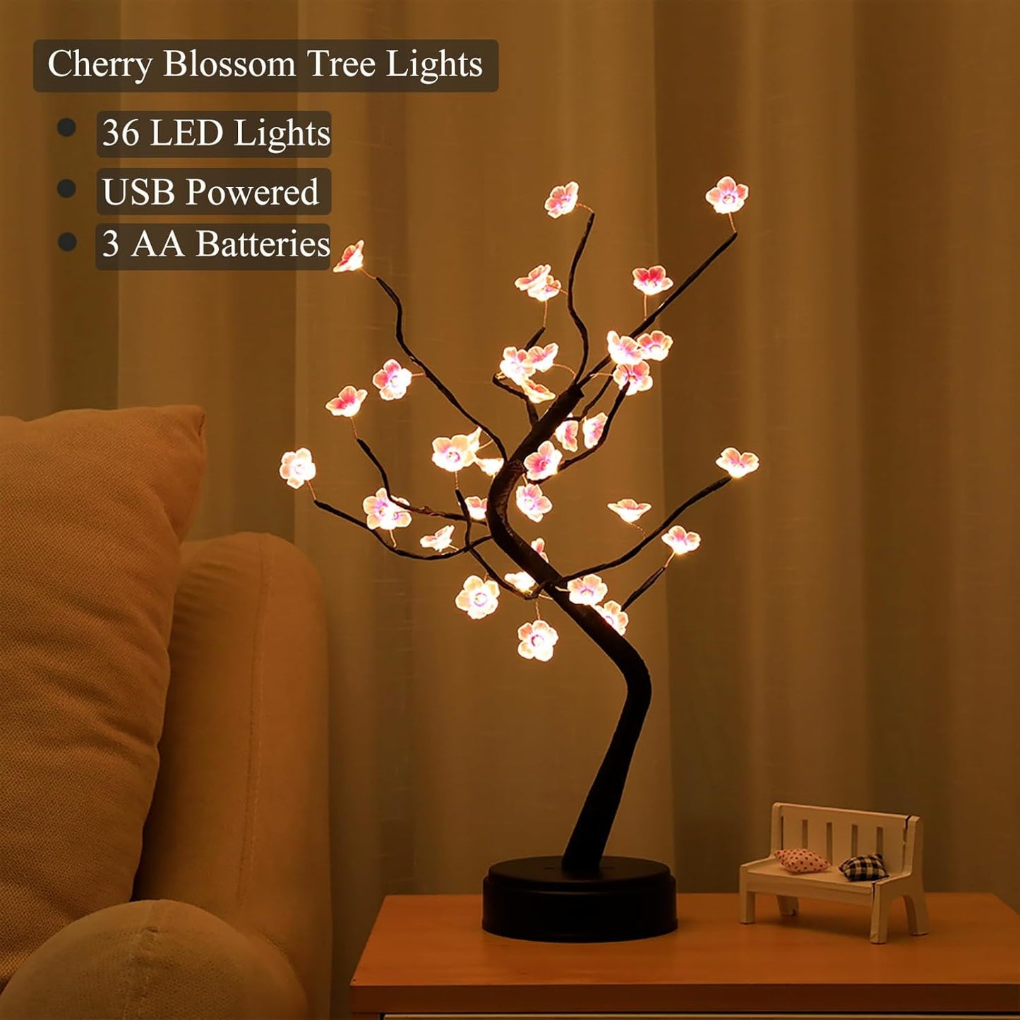 36 LED Cherry Blossom Sparkly Fairy Spirit Tree Lights, Twinkling Tree 3AA&USB Powered, Tabletop DIY Artificial Tree Lamp for Bedroom Christmas Indoor Room Decor Lights (Warm White)