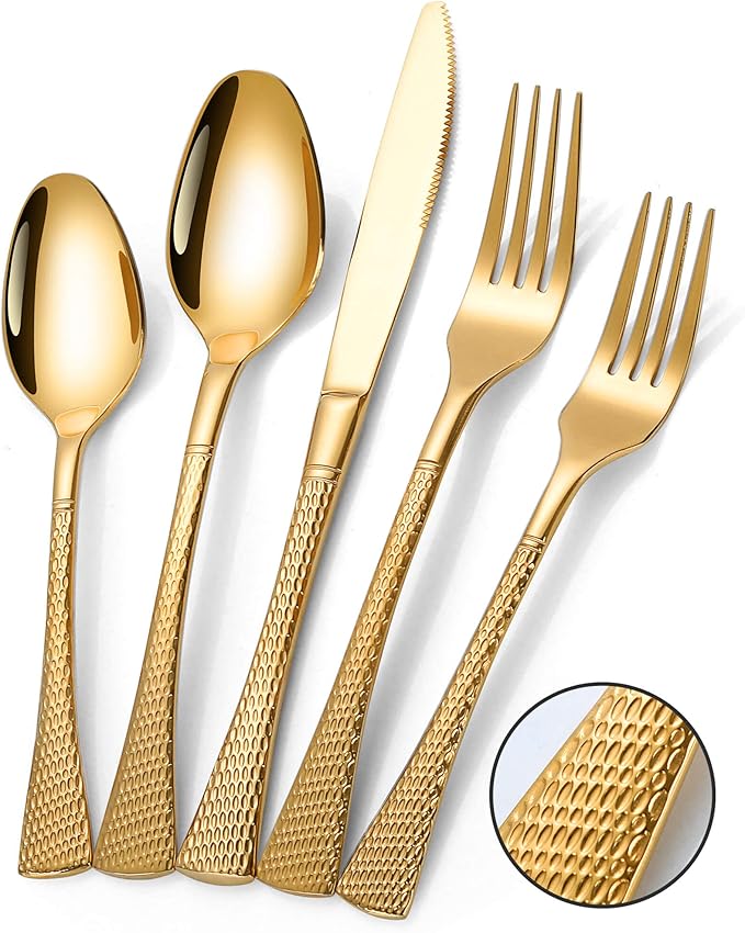 Hammered Gold Silverware Set for 8,Stainless Steel 40-Piece Modern Cutlery Set,Mirror Polished Heavy Duty Flatware Set Utensil Set,Knives Spoons and Forks Set,Dishwasher Safe
