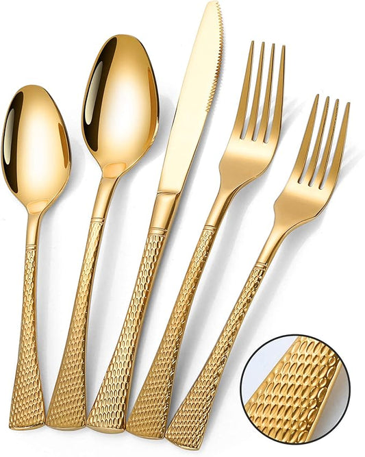 Hammered Gold Silverware Set for 8,Stainless Steel 40-Piece Modern Cutlery Set,Mirror Polished Heavy Duty Flatware Set Utensil Set,Knives Spoons and Forks Set,Dishwasher Safe