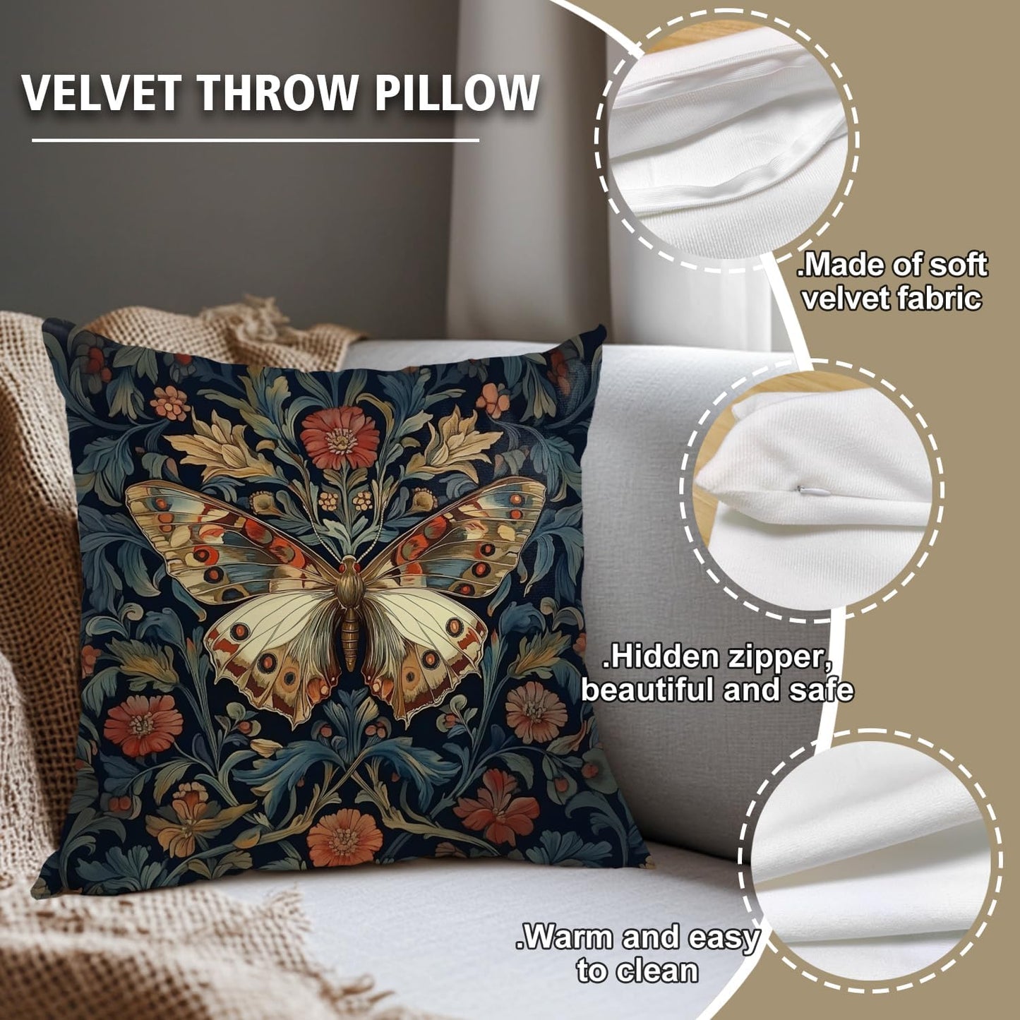 William Morris Abstract Vintage Floral Velvet Butterfly Design Throw Pillow Covers Home Decor, Retro Art Deco Pillowcase Cushion Cover for Bed Sofa Living Room, Square 18x18inch (Blue-Butterfly)