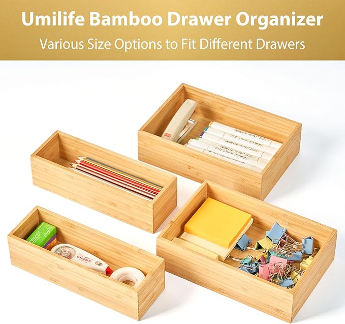 Umilife Bamboo Kitchen Drawer Organizer, Extra High Silverware Tray, Flatware Cutlery Storage Box, Multi-Use Holder in Office, Bathroom, Pantry - 9"x3"x2.5" (Set of 2)