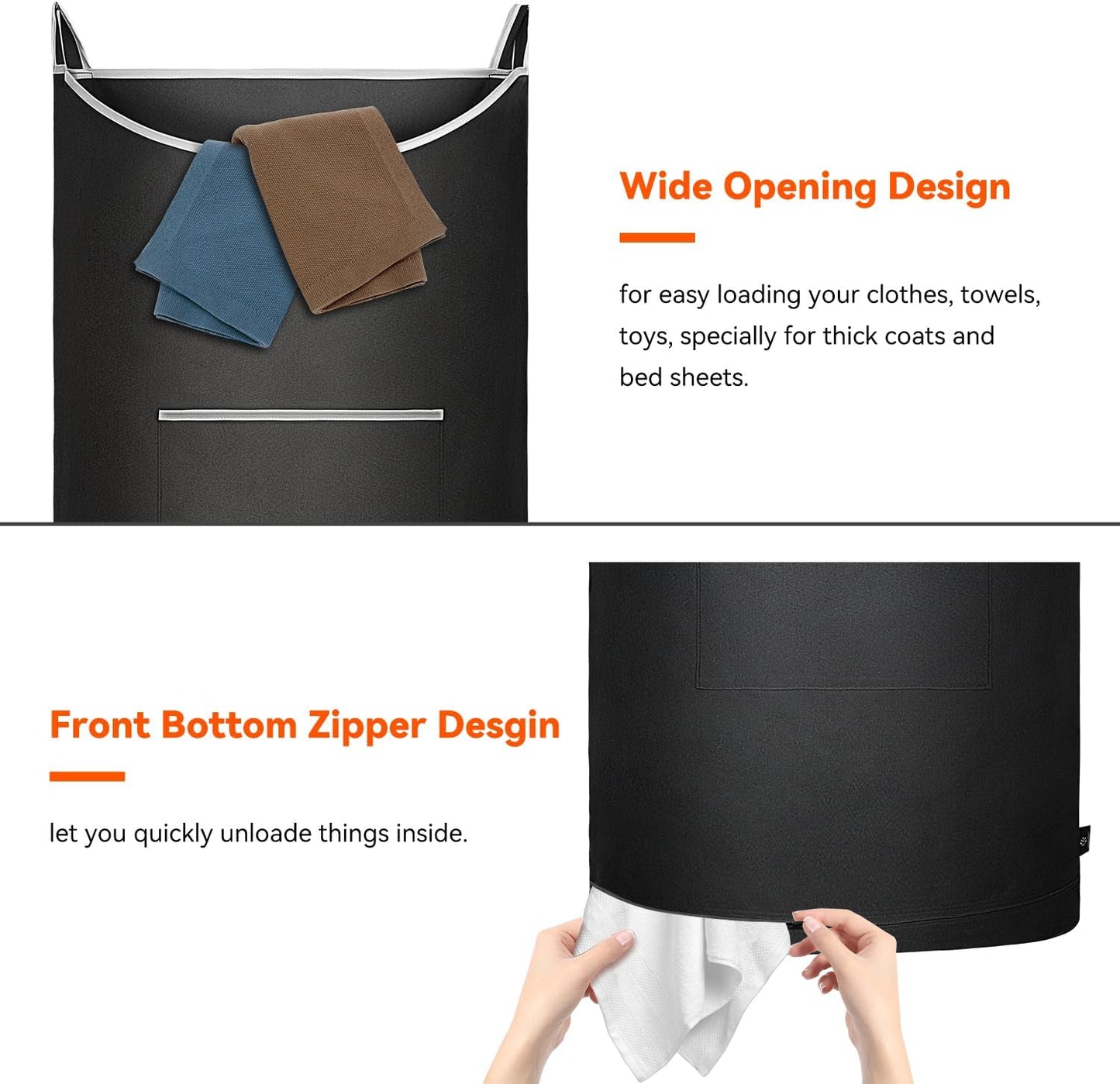 XL Hanging Laundry Hamper, 2PC-Black, Over Door/Wall Mount, Large Capacity, Modern Design, Durable, Waterproof