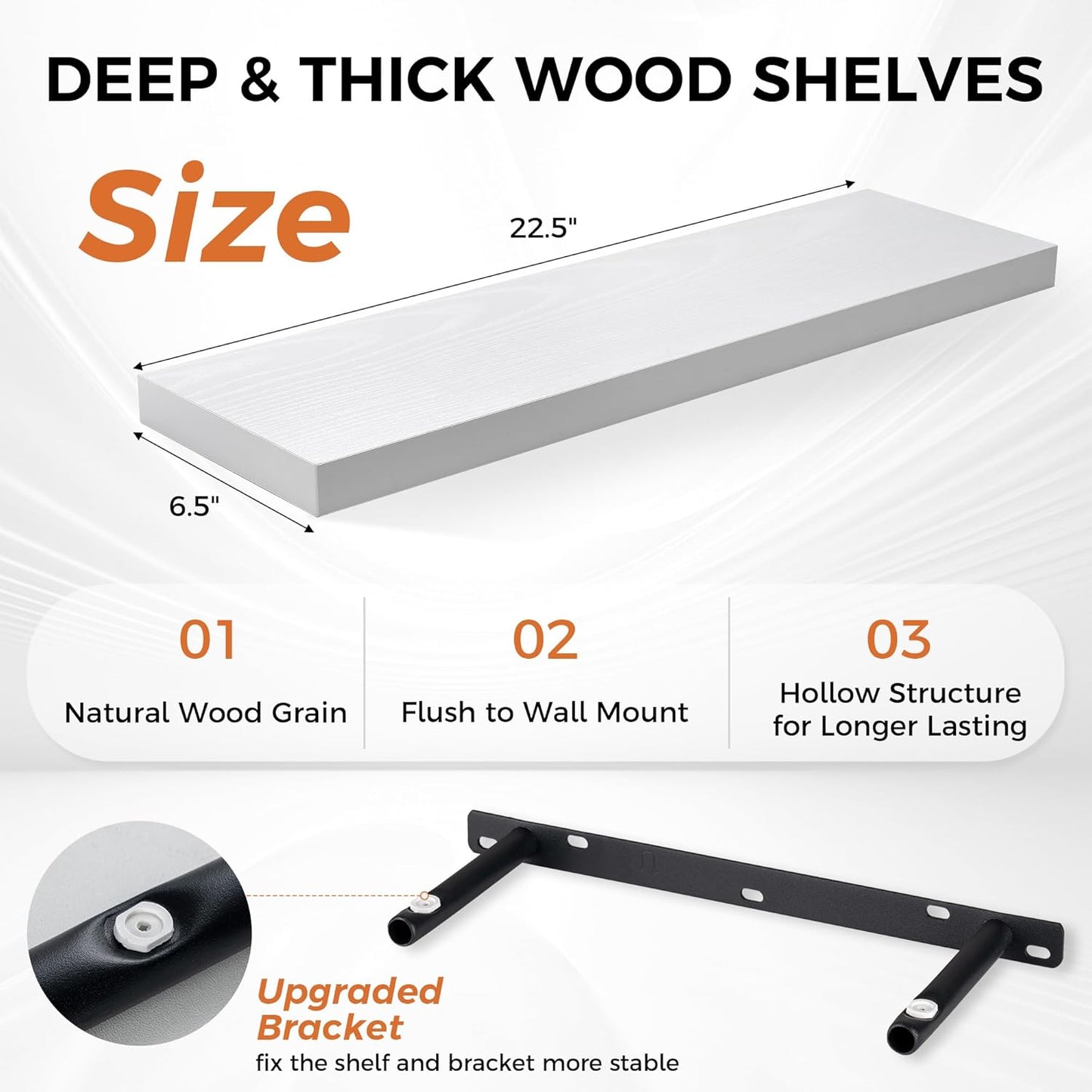 Fun Memories Floating Shelves for Wall, 22.5" Rustic Wood Deep Wall Mounted Shelves with Invisible Brackets for Decor & Storage, Floating Shelf for Living Room, Bathroom (White, Set of 2)