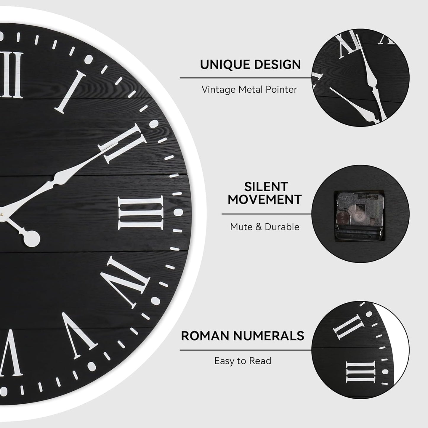 Large Wall Clock with Roman Numeral, 35” Shiplap Wall Clock Farmhouse Nearly Non-Ticking, Round Clock for Living Room Decor, Office, Bedroom, Entrance, Black