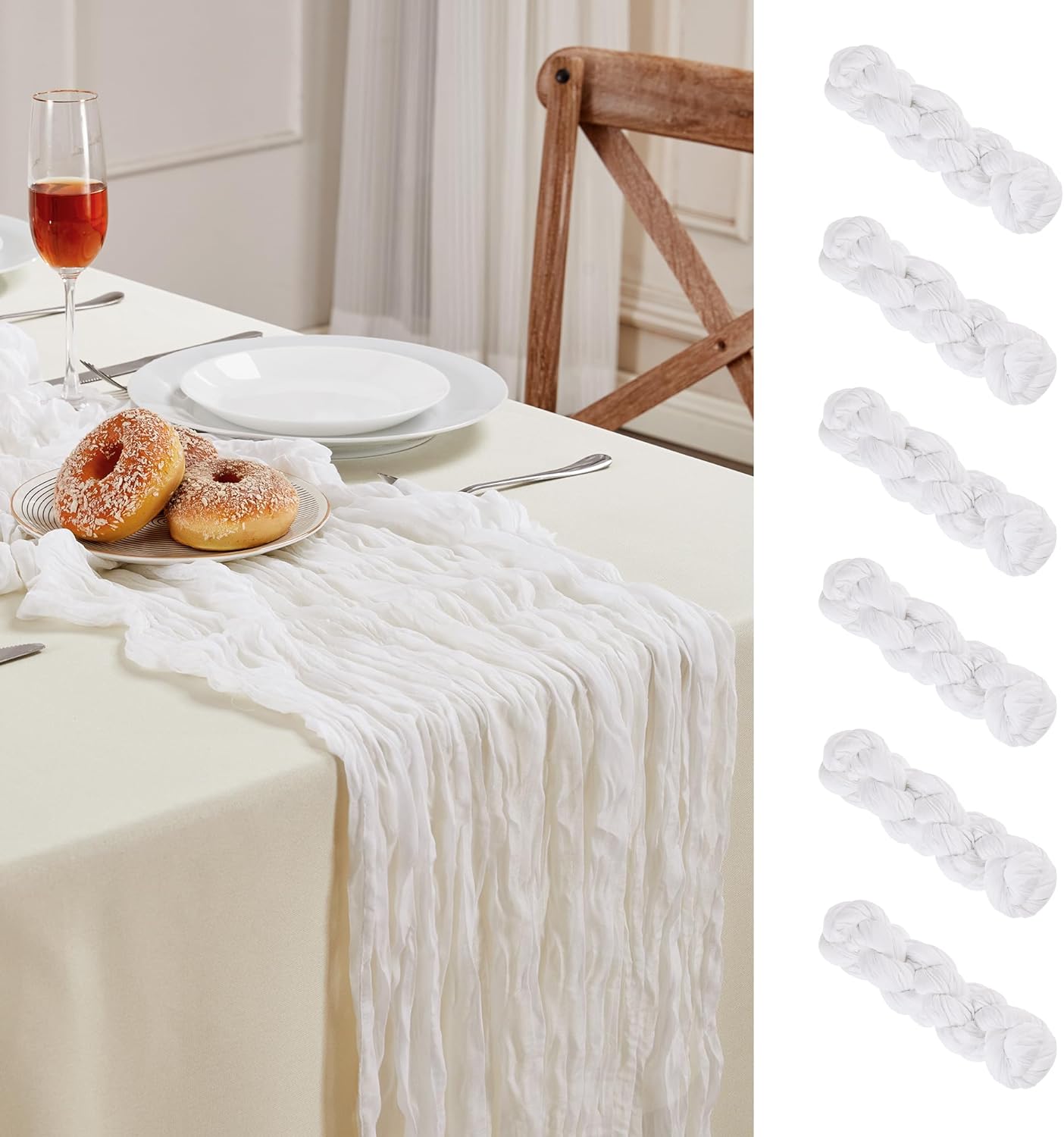 6 Pack White Cheesecloth Table Runner 10FT Long Boho Gauze Table Runner Rustic Sheer Runner for Wedding Bridal Baby Shower Birthday Party Table Decor Thanksgiving Christmas Decorations