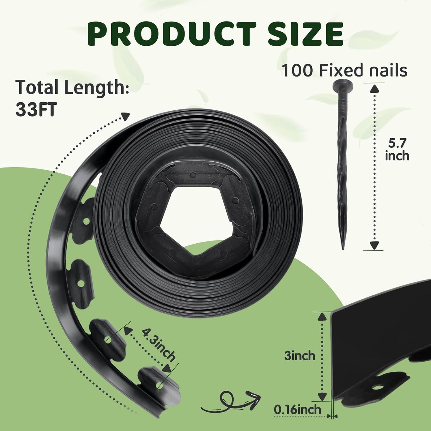 Landscape Edging - 3 Inch x 33FT Garden Border with 100 PCS Spikes, Plastic Lawn Edging for Flower Bed, Pathway and Yard(Black)