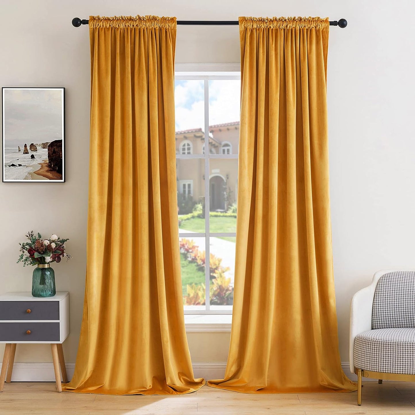 MIULEE Mustard Yellow Velvet Curtains Thermal Insulated Blackout Curtain Fall Drapes for Bedroom Living Room Darkening 84 Inches Long Curtains Panels Rod Pocket Set of 2
