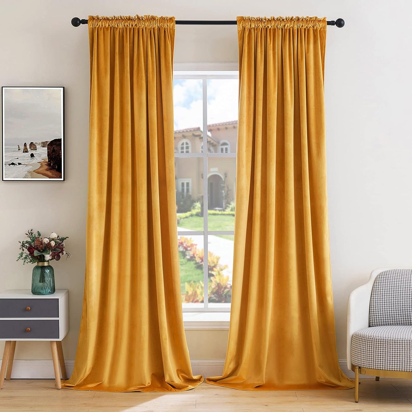 MIULEE Mustard Yellow Velvet Curtains Thermal Insulated Blackout Curtain Fall Drapes for Bedroom Living Room Darkening 90 Inches Long Curtains Panels Rod Pocket Set of 2
