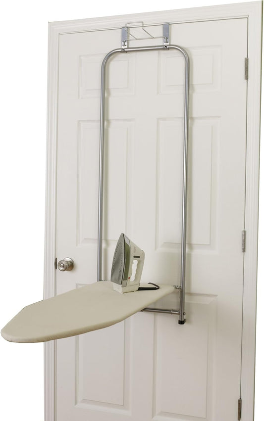 Household Essentials 144222 Over The Door Small Ironing Board with Iron Holder, Natural Cotton Cover Silver