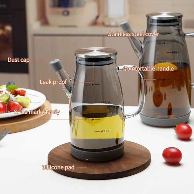 Large Glass Oil Dispenser Bottle for Kitchen Cooking Recipiente Para Aceite De Cocina Olive Oil Vinegar Dispenser Cruet Stainless Steel Lid No Drip Liquid Container (Grey, 34oz /1000ml)